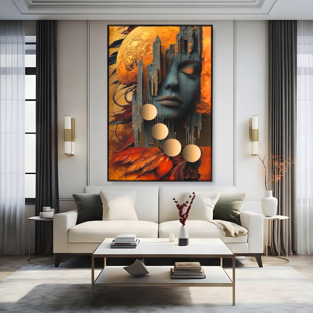 Tablou canvas cu tablou canvas cu chip de femeie si oras stilizat, in rama de aluminiu negru, pe perete intr-un living